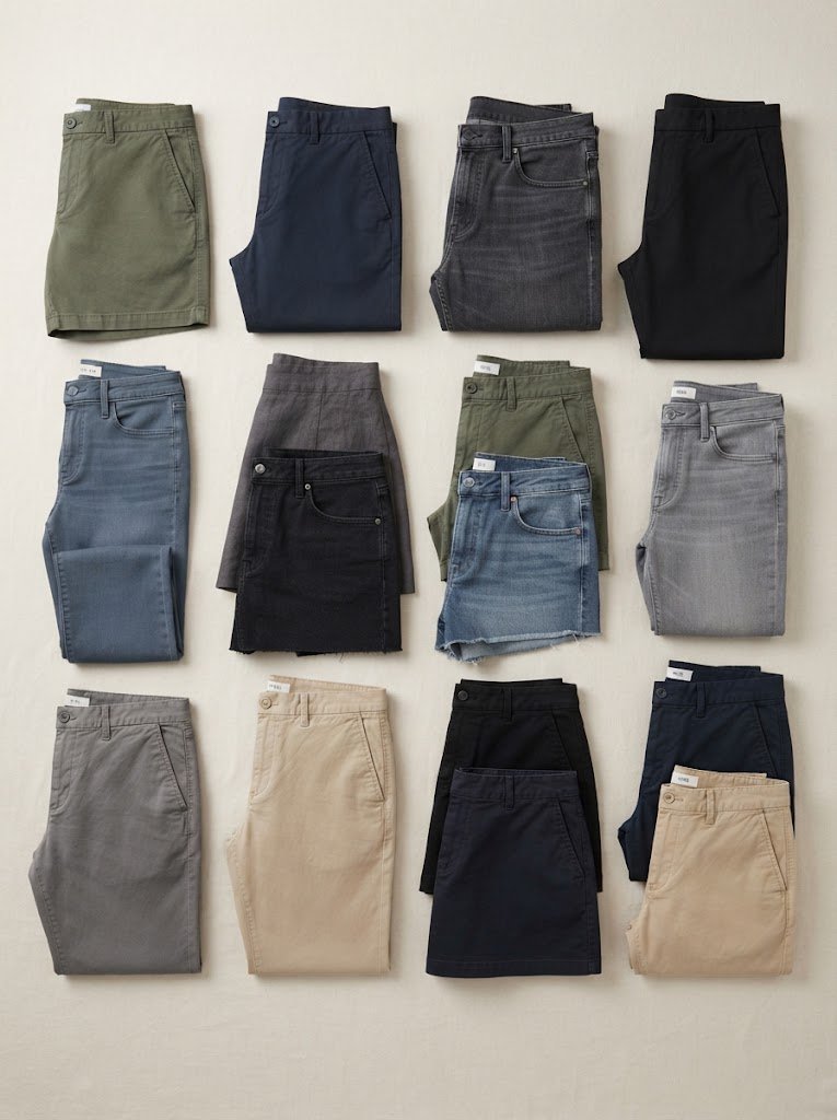 Tapered chinos, denim and A-line skirts arranged for wholesale, 3:4 crop