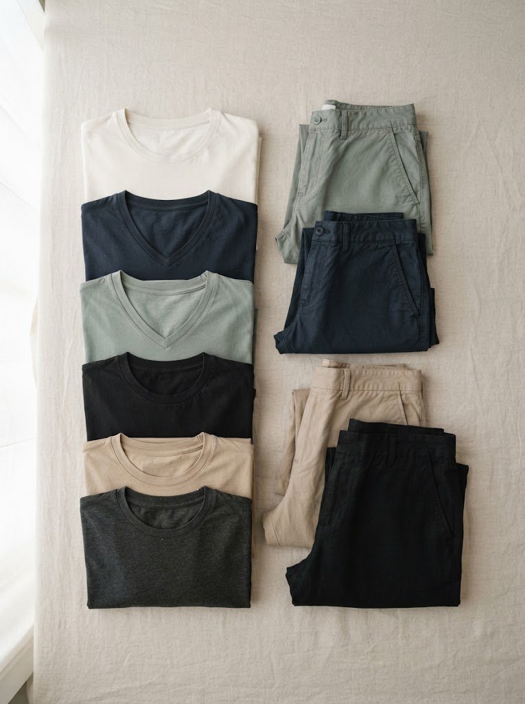 Flat lay of folded neutral wholesale apparel for a Singapore clothing linesheet, 3:4 crop