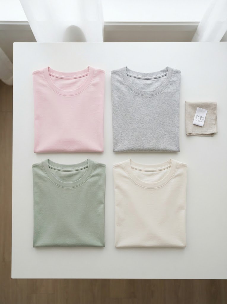 T-shirt flat lay in neutral colours on a clean background, 3:4 crop