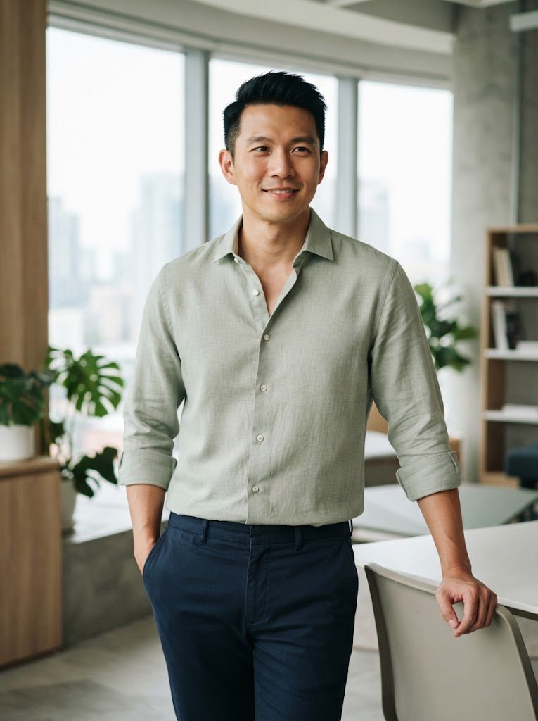 Person wearing a smart-casual shirt in a bright Singapore office, 3:4 crop