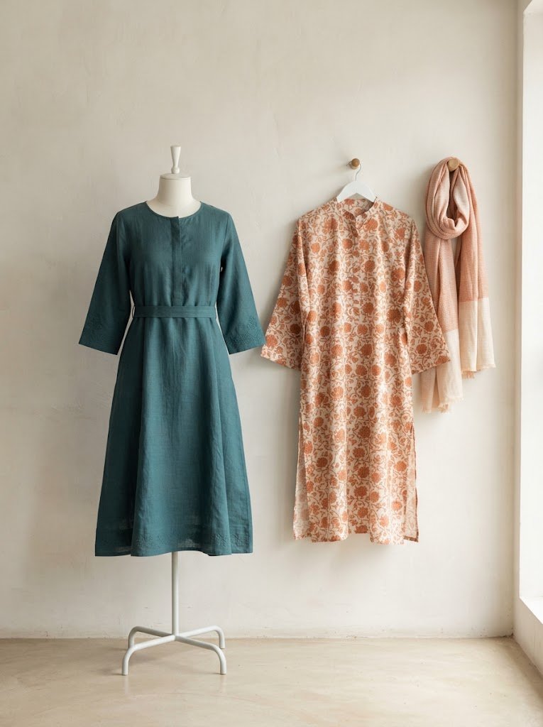 Modest dress and kurta styled on a mannequin, 3:4 crop