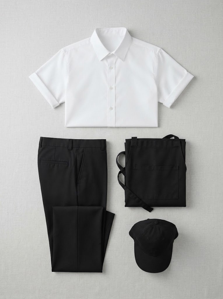 Corporate and F&B uniform pieces arranged on a plain background, 3:4 crop