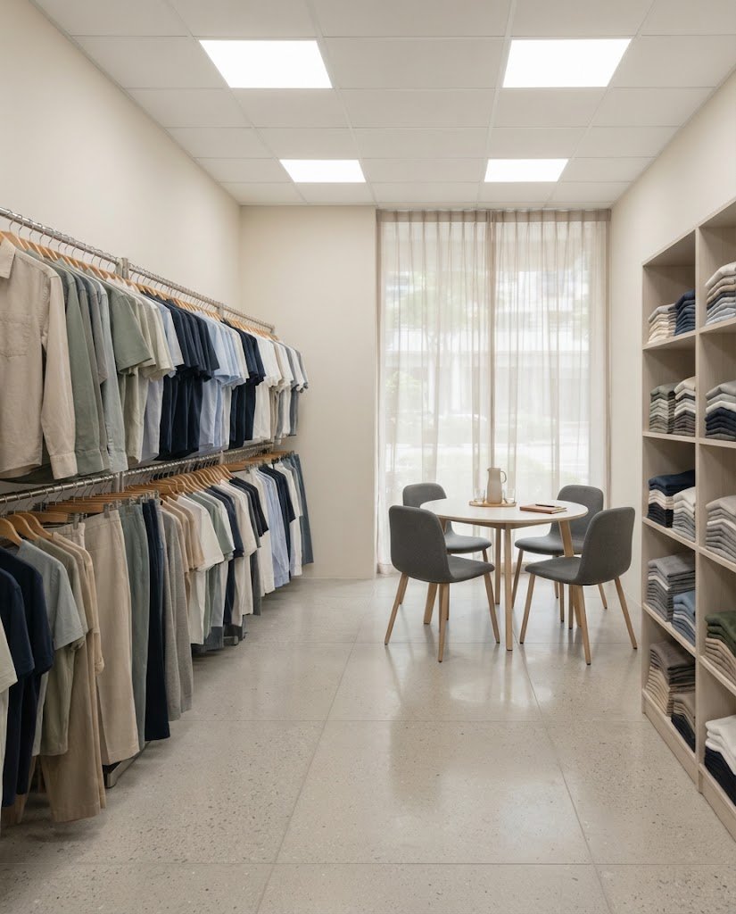 Singapore wholesale clothing showroom interior with stock on racks, 4:5 crop