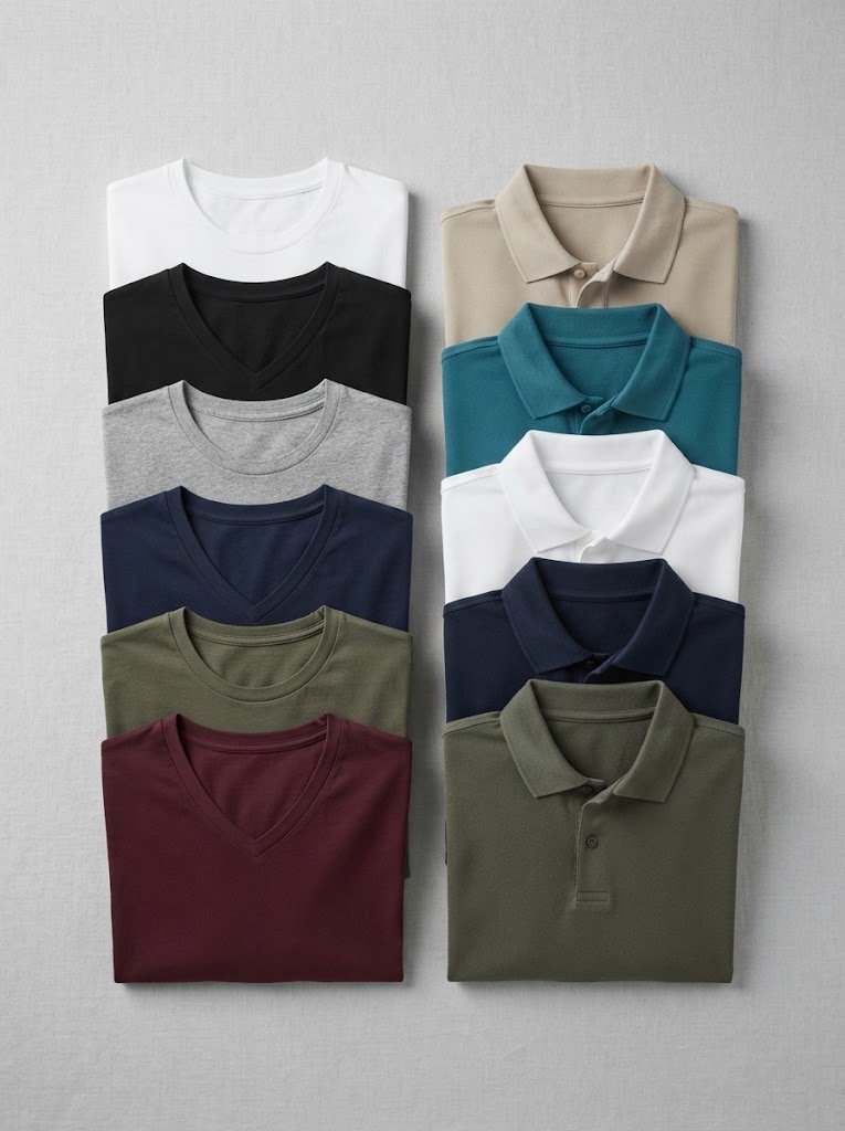 Folded cotton t-shirts and pique polos in neutral and pastel colourways, 3:4 crop