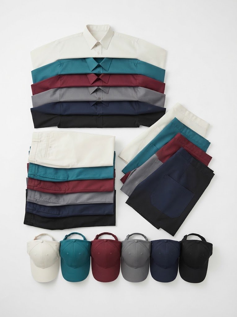 Corporate and hospitality uniform sets for repeat industrial laundering, 3:4 crop